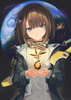 1girl absurdres arknights arknights:_endfield black_coat black_hair blue_eyes coat commentary_request endministrator_(arknights) female_endministrator_(arknights) highres looking_at_viewer open_clothes open_coat short_hair smile solo star_(sky) sweater upper_body usanui_nuinui white_sweater