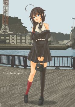 Rule 34 | 1girl, absurdres, ahoge, asymmetrical legwear, bag, belt, black necktie, black skirt, black thighhighs, blue eyes, blue sky, braid, brown hair, commentary request, detached sleeves, hair between eyes, hair flaps, hair over shoulder, highres, holding, holding bag, kantai collection, long hair, looking at viewer, necktie, official alternate costume, open mouth, outdoors, pleated skirt, port, pot-de, real world location, red socks, shigure (kancolle), shigure (yokosuka) (kancolle), shigure kai san (kancolle), ship, single braid, single thighhigh, skirt, sky, smile, socks, solo, thighhighs, twitter username, uneven legwear, watercraft, white belt, yokosuka