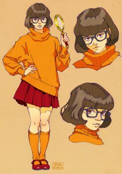 Rule 34 | 1girl, black-framed eyewear, blunt bangs, brown eyes, ena bianca, glasses, hand on own hip, holding, holding magnifying glass, long sleeves, looking at viewer, magnifying glass, mary janes, medium hair, orange socks, orange sweater, pleated skirt, red shoes, red skirt, scooby-doo (series), shoes, simple background, sketch, skirt, socks, sweater, turtleneck, turtleneck sweater, velma dinkley