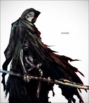 1boy artist_name bone cloak glowing glowing_eyes holding holding_polearm holding_weapon hood hooded_cloak ishura k-suwabe monster polearm red_eyes ribs see-through_body shalk_the_sound_slicer signature skeleton skull spear spine torn_cloak torn_clothes weapon white_background