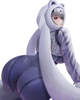 1girl absurdres animal_costume animal_hood ass bear_costume bear_hood blue_bodysuit bodysuit breasts from_behind goddess_of_victory:_nikke grey_hair highres hood huge_ass impossible_bodysuit impossible_clothes large_breasts looking_at_viewer looking_back mask mask_on_head neve_(nikke) open_mouth short_hair simple_background sitting skin_tight sleep_mask solo white_background wiiriik