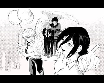 angel_devil_(chainsaw_man) angel_wings balloon black_border black_hair black_jacket black_necktie black_pants black_suit blush border breasts chainsaw_man clothes_grab collared_shirt couple crowd denji_(chainsaw_man) formal_clothes greyscale hair_between_eyes hair_bun halo hayakawa_aki hetero holding holding_balloon holding_ice_cream_cone ice_cream_cone jacket letterboxed medium_breasts medium_hair monochrome multiple_boys multiple_girls necktie pants pointing ponytail reze_(chainsaw_man) sharp_teeth shirt short_hair short_sleeves sleeve_grab sleeves_rolled_up suit suit_jacket teeth toga_himiko updo uraraka_ochako white_shirt wings wiping_face yaoi you_(gay322k)