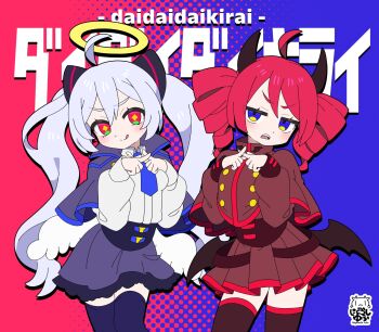 2girls :c :p ahoge alternate_eye_color angel_wings blue_eyes collared_shirt commentary_request cowboy_shot crossed_fingers daidaidaidaidaikirai demon_horns demon_wings drill_hair hair_between_eyes hair_ornament halftone halftone_background halo hand_up hatsune_miku highres horns jacket kasane_teto long_hair long_sleeves multiple_girls red_eyes red_hair sharp_teeth shirt skirt teeth thighhighs tongue tongue_out traditional_halo twin_drills twintails two-tone_background utau vocaloid white_hair white_shirt wings yagidon
