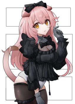 1girl absurdres animal_ears arknights black_bow black_bowtie black_shirt black_thighhighs bow bowtie breasts cleavage commentary_request cowboy_shot gloves goldenglow_(arknights) grey_gloves grey_leotard hair_between_eyes hair_bow hand_up highres lastmatch500 leotard light_blush long_hair long_sleeves looking_at_viewer medium_breasts parted_lips pink_hair shirt solo standing tail tail_raised thighhighs traditional_bowtie white_background yellow_eyes