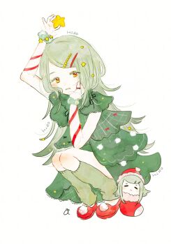 1girl aoshirota arm_up blush character_doll character_name christmas_ornaments christmas_tree_costume colored_eyelashes commentary_request doll dress flipped_hair full_body gakuen_idolmaster gradient_hair green_dress green_hair green_leg_warmers hair_ornament hairclip hand_on_own_face highres holding holding_star idolmaster jewelry leg_warmers long_hair looking_at_viewer multicolored_hair open_mouth orange_eyes parallel_hairclips parted_bangs red_ribbon red_shoes ribbon ring shinosawa_hiro shoes simple_background sleeve_ribbon smile solo squatting star_(symbol) white_background wrist_straps