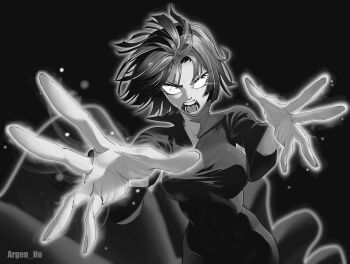 1girl absurdres angry attack aura female_focus fubuki_(one-punch_man) furious greyscale hands_up highres medium_hair monochrome no_pupils one-punch_man open_hands psychic psychic_powers rage_face screaming short_hair shouting telekinesis white_eyes