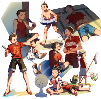 Rule 34 | 2boys, :d, ace attorney, aged down, animal, antenna hair, apollo justice, arm up, bag, bandaid, bandaid on face, bandaid on nose, barefoot, black hair, black shorts, blue shorts, blush, bracelet, brown eyes, brown hair, brown shorts, butterfly net, calico (pattern), cat, caterpie, clay terran, clenched teeth, closed eyes, closed mouth, clothes lift, collared shirt, crossover, cup, drinking, drinking glass, drinking straw, drooling, electric fan, fanning self, fingernails, flip-flops, food, from behind, front-tie shorts, gen 1 pokemon, green shorts, hand fan, hand net, hat, headwear request, hi-fi (fijazzy), highres, holding, holding bag, holding food, holding popsicle, hot, indian style, innertube, jewelry, lying, male focus, midriff peek, mouth hold, multiple boys, multiple views, navel, nintendo, nipples, nose blush, on back, open mouth, outstretched arms, paper fan, parted lips, pokemon, polo shirt, popsicle, print shirt, red shirt, red tank top, sandals, shirt, shirt lift, short hair, short sleeves, shorts, sitting, sleeping, sleeveless, sleeveless shirt, smile, spiked hair, standing, sweat, swim ring, t-shirt, tank top, tatami, teeth, teeth hold, topless male, uchiwa, veranda, white shirt, white shorts