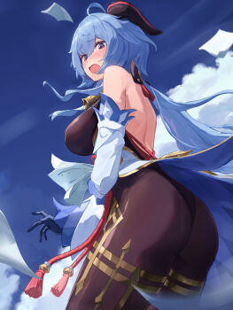 1girl absurdres ahoge ass bare_shoulders bell black_gloves black_leotard black_pantyhose blue_hair blue_sky blush bow breasts cloud detached_sleeves from_below ganyu_(genshin_impact) genshin_impact gloves gold_trim highres horns jewelry leotard leotard_under_clothes long_hair looking_at_viewer low_ponytail medium_breasts neck_bell open_mouth pantyhose paper ponytail purple_eyes sanderson sidelocks sky solo standing tassel thighlet white_sleeves