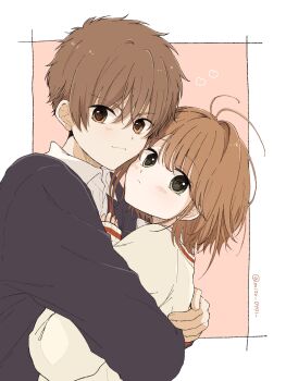 Rule 34 | 1boy, 1girl, antenna hair, black shirt, blush, border, brown eyes, brown hair, cardcaptor sakura, closed mouth, commentary, green eyes, heart, highres, hug, kinomoto sakura, li syaoran, long sleeves, looking at viewer, mizu 0401, outside border, red background, shirt, short hair, simple background, smile, sweater, twitter username, upper body, white border, white sweater, wing collar