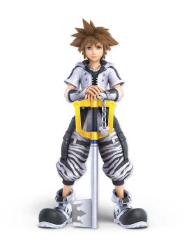 1boy 3d animal_print arm_warmers artist_request baggy_pants black_shirt black_shoes blue_eyes brown_hair buttons chain closed_mouth coat collarbone disney full_body hands_on_hilt hands_up happy highres holding holding_sword holding_weapon hood hood_down hooded_coat jewelry keyblade kingdom_hearts kingdom_hearts_iii looking_at_viewer male_focus mickey_mouse necklace nintendo official_art open_clothes open_coat own_hands_together pants pocket shirt shoes short_hair short_sleeves sidelocks simple_background smile solo sora_(kingdom_hearts) spiked_hair standing straight-on striped_clothes striped_pants super_smash_bros. sword transparent_background v-shaped_eyebrows weapon white_coat zebra_print zipper