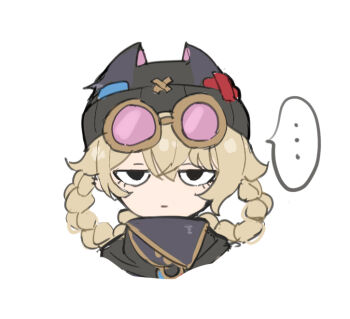 ... 1girl black_eyes black_hat blonde_hair braid braided_hair_rings eyewear_on_head genshin_impact hair_rings hat jahoda_(genshin_impact) jitome looking_at_viewer simple_background solo spoken_ellipsis sunglasses ura_(hamburg_oniku) white_background