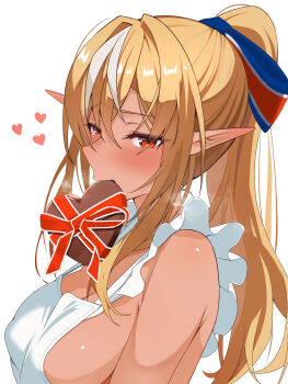 Rule 34 | 1girl, absurdres, apron, blonde hair, bow, box, breasts, breath, commentary request, covered erect nipples, dark-skinned female, dark skin, elf, frilled apron, frills, hair bow, heart, heart-shaped box, high ponytail, highres, hololive, large breasts, long hair, looking at viewer, micon, multicolored hair, naked apron, orange eyes, pointy ears, ponytail, shiranui flare, sidelocks, simple background, solo, streaked hair, upper body, valentine, virtual youtuber, white apron, white background, white streaks