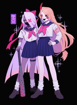 Rule 34 | 2girls, alternate costume, armband, baseball bat, black nails, blonde hair, bow, charlie morningstar, colored skin, commentary, full body, hazbin hotel, hellaverse, highres, horns, long hair, mask, mismatched eyes, mouth mask, multiple girls, nail (hardware), nail bat, neckerchief, neg 50asu, pink bow, pink neckerchief, pleated skirt, purple hair, purple skin, school uniform, serafuku, shirt, single horn, skirt, thigh strap, translation request, untranslatable commentary, vaggie, white shirt, white skin