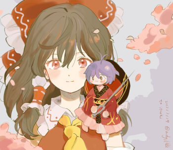 Rule 34 | 2girls, :3, ascot, bow, bowl, bowl hat, brown hair, closed mouth, dated, falling petals, frilled bow, frilled hair tubes, frills, hair bow, hair tubes, hakurei reimu, hat, highres, holding, holding needle, japanese clothes, kimono, long hair, looking at viewer, mini person, minigirl, multiple girls, needle, needle sword, nengo, petals, pink eyes, pink petals, portrait, red bow, red kimono, short hair, sitting on shoulder, smile, sukuna shinmyoumaru, touhou, twitter username, yellow ascot