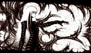 11e10 1girl absurdres armor brown_theme cowboy_shot gauntlets high_contrast highres long_hair long_neck looking_ahead monochrome original outstretched_arm pointing pointing_forward skinny solo standing swirl thorns very_long_hair