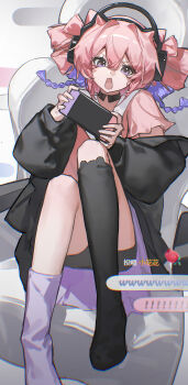 1girl absurdres animal_ears arknights asymmetrical_legwear black_jacket black_shorts black_socks chair chi_chi_(lofter_2016543390) chinese_commentary commentary_request drill_hair full_body hamster_ears hamster_girl handheld_game_console headphones highres holding holding_handheld_game_console implied_extra_ears jacket long_hair multicolored_hair open_clothes open_jacket open_mouth purple_eyes purple_socks purple_streaks shorts sitting socks solo streaked_hair twin_drills u-official_(arknights) v-shaped_eyebrows