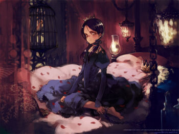 1girl barefoot bdsm bed bedroom bindi black_hair blush bondage bound cage chain choker crown cuffs curtains dated dress feet female_focus flat_chest forehead_jewel formal_clothes glowing goth_fashion hair_between_eyes hair_over_breasts hair_ribbon hat indoors kaya_xavier lace lace-trimmed_dress lace_trim lamp littlewitch long_hair looking_at_viewer mini_crown official_art official_wallpaper ooyari_ashito parted_bangs petals pillow pink_eyes profile ribbon room rose_petals shoujo_mahou_gaku_littlewitch_romanesque signature sitting slave solo spoils striped transparent twintails wariza watermark