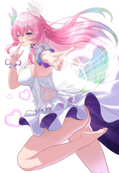 1girl absurdres ass ayloss bare_legs barefoot breasts commentary cyrene_(honkai:_star_rail) cyrene_(ripples_of_past_reverie)_(honkai:_star_rail) dress fingernails from_side hair_ornament hand_up hashtag-only_commentary highres honkai:_star_rail honkai_(series) large_breasts legs long_hair looking_at_viewer nail_polish one_eye_closed outstretched_arms pink_hair pink_nails pointy_ears sidelocks simple_background smile solo toes white_background white_dress