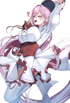 1girl alternate_costume arm_up braid braided_bangs breasts commentary_request dress earrings elysia_(hi_love_elf)_(honkai_impact) elysia_(honkai_impact) hand_up heart heart_earrings highres honkai_(series) honkai_impact_3rd jewelry kamishiro_noa large_breasts long_hair looking_at_viewer one_eye_closed open_mouth pink_hair pointy_ears purple_eyes simple_background smile solo white_background white_dress