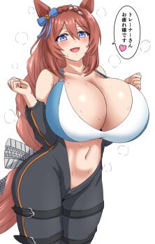 1girl animal_ears blue_eyes blush braid breasts brown_hair cleavage collarbone commentary_request hair_between_eyes hair_ornament highres horse_ears horse_girl horse_tail large_breasts long_hair looking_at_viewer navel open_mouth ribbon solo steaming_body super_creek_(umamusume) sweat tail translation_request umamusume white_background yamada_yama