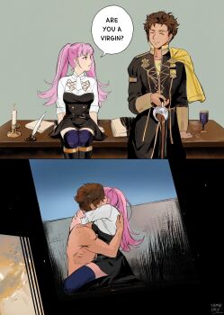 1boy 1girl are_you_a_virgin?_(meme) arms_around_neck book brown_hair candle claude_von_riegan closed_eyes clothed_sex cup desk english_text fire_emblem fire_emblem:_three_houses girl_on_top hilda_valentine_goneril inkwell kiss looking_at_another nintendo pink_eyes pink_hair quill school_uniform sex sitting skirt speech_bubble spilling straddling sweat tamafry teacup thighhighs twintails vaginal