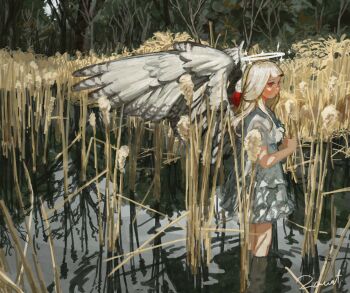Rule 34 | 1girl, absurdres, angel, angel wings, bow, cattail, commentary request, dress, feathered wings, from side, hair bow, halo, highres, holding, holding plant, original, outdoors, plant, red bow, red eyes, reflection, reflective liquid, sideways glance, signature, solo, tree, wading, water, white hair, wings, yoshizawa takuma