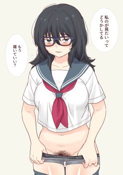 1girl black_eyes black_hair blush boxer_briefs breasts daipunch female_pubic_hair glasses highres jimiko large_breasts long_hair male_underwear original panties panty_pull pubic_hair school_uniform serafuku simple_background solo sweat translated underwear