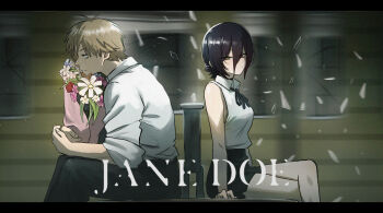 !karryn! 1boy 1girl absurdres antenna_hair arm_support bare_legs black_hair black_pants black_ribbon black_shorts blonde_hair blush bouquet broken_glass chainsaw_man commentary_request crossed_legs denji_(chainsaw_man) expressionless feet_out_of_frame film_grain flower from_side glass hair_between_eyes highres hugging_object jane_doe_(song) korean_commentary letterboxed long_hair_between_eyes looking_ahead looking_at_viewer looking_to_the_side mixed-language_commentary motion_blur neck_ribbon on_bench pants reze_(chainsaw_man) ribbon shirt shorts side_slit side_slit_shorts sitting sleeveless sleeveless_shirt smile subway title white_shirt