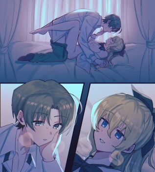 1b_104 blush boy_on_top breasts breath commission commissioner_upload curtains dawn hand_on_another's_cheek hand_on_another's_face holding_hands katawa_shoujo leg_lock nakai_hisao nipples non-web_source on_bed partially_undressed satou_lilly skeb_commission sweat