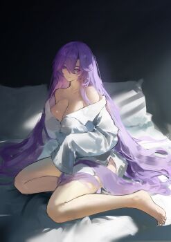 1girl absurdres barefoot bed blue_eyes breasts cantarella_(wuthering_waves) cleavage closed_mouth collarbone commentary dappled_sunlight facial_mark feet hair_between_eyes highres indoors large_breasts lewdlily66 long_hair looking_at_viewer mark_under_eye off_shoulder on_bed pillow purple_hair shirt sitting sleeves_past_fingers sleeves_past_wrists smile solo sunlight toes very_long_hair white_shirt wuthering_waves yokozuwari