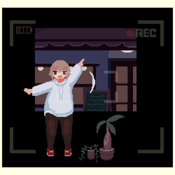 1girl animated animated_gif black_legwear drawstring fang jumping long_sleeves looking_at_viewer looping_animation lowres open_mouth original pixel_art plant pointing potted_plant recording red_eyes red_shoes shoes smile solo sotie viewfinder wide_shot window