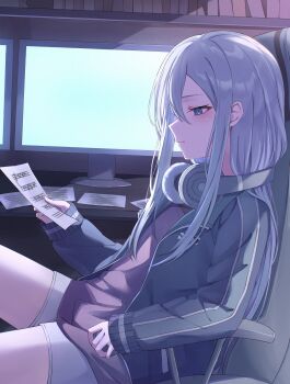 1girl absurdres arm_rest arm_up blue_jacket book bookshelf chair closed_mouth commentary english_commentary from_side grey_hair hair_between_eyes headphones headphones_around_neck highres indoors jacket long_hair long_sleeves monitor open_clothes open_jacket paper project_sekai purple_shirt reading sheet_music shirt shorts sitting sleeves_past_wrists solo umeo_(pixiv51103813) white_shorts yoisaki_kanade