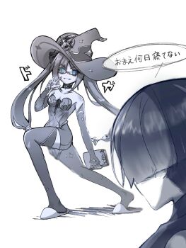 1boy 1girl @_@ arm_at_side asymmetrical_bangs bare_shoulders blue_eyes blunt_ends bodysuit book bow choker collarbone commentary_request covered_collarbone crescent crescent_hat_ornament detached_sleeves eyelashes facing_another genshin_impact greyscale hair_between_eyes hair_bow hand_up hat hat_ornament highres holding holding_book kgt1mzp8wzk83g6 leaning_forward leotard long_hair looking_at_another mona_(genshin_impact) mona_(pact_of_stars_and_moon)_(genshin_impact) monochrome parted_bangs parted_lips ponytail_holder scaramouche_(genshin_impact) sidelocks slippers smirk speech_bubble star_(symbol) star_choker star_hat_ornament star_print strapless strapless_leotard tareme thighhighs translation_request w white_background witch_hat