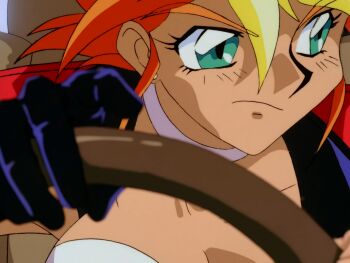 1990s_(style) 1girl car dark-skinned_female dark_skin dirty_pair dirty_pair_flash green_eyes highres kei_(dirty_pair) motor_vehicle retro_artstyle taxi tomboy