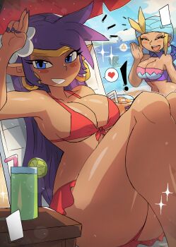 ! 3girls absurdres beach beach_chair beach_umbrella bikini bikini_skirt blonde_hair blue_bikini blue_eyes blue_head_scarf blush boat breasts chair cleavage closed_eyes cloud collarbone colored_skin cup dark_skin detached_collar drink drinking_glass drinking_straw earrings flower food fruit green_hair green_skin grin hair_flower hair_ornament hairband headscarf heart highres ice ice_cube jewelry large_breasts lime_(fruit) lime_slice long_hair looking_at_viewer multiple_girls navel ocean open_mouth pointy_ears purple_hair purple_nails red_bikini rottytops sailboat sand sand_castle sand_sculpture shantae shantae_(series) short_hair sitting skull_earrings sky sky_(shantae) smile sparkle speech_bubble spoken_heart standing swimsuit table teeth thick_thighs thighs tiara tony_welt tropical_drink umbrella water watercraft wayforward zombie