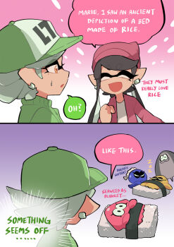 big_man_(splatoon) black_hair bow-shaped_hair callie_(agent_1_casual)_(splatoon) callie_(splatoon) cousins earrings english_text frye_(splatoon) gomipomi green_hat green_jacket grey_hair hat highres inkling inkling_(swim_form) jacket jewelry long_hair marie_(agent_2_casual)_(splatoon) marie_(splatoon) mole mole_under_eye nintendo object_on_head pointy_ears red_hat red_jacket rice shiver_(splatoon) sleeping splatoon_(series) splatoon_1 splatoon_3 squid tentacle_hair