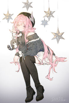 1girl absurdres alternate_costume black_boots black_hat boots chinese_commentary closed_mouth commentary_request cyrene_(honkai:_star_rail) dated diamond-shaped_pupils diamond_(shape) fingernails grey_sweater hat head_rest highres honkai:_star_rail honkai_(series) invisible_chair knee_boots long_fingernails long_hair looking_at_viewer ma_hou_shao_jiu nail_polish pink_hair pink_nails pointy_ears purple_eyes sidelocks simple_background sitting skirt smile solo sweater symbol-shaped_pupils very_long_hair white_background white_skirt