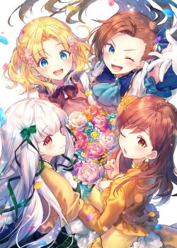 4girls :d ;d arm_up ascot asymmetrical_bangs black_neckwear blonde_hair blue_bow blue_dress blue_eyes blue_neckwear bouquet bow bowtie braid brooch brown_hair collared_shirt commentary_request crown_braid dress earrings female_focus flower from_above gloves green_ribbon hair_bow hair_flower hair_ornament hair_ribbon hairband jewelry katarina_claes long_hair long_sleeves looking_at_viewer looking_back maria_campbell mary_hunt multiple_girls one_eye_closed open_mouth orange_dress orange_eyes otome_game_no_hametsu_flag_shika_nai_akuyaku_reijou_ni_tensei_shite_shimatta parted_bangs bad_tag pink_dress red_eyes ribbon riichu shirt short_hair short_sleeves smile sophia_ascart standing v-shaped_eyebrows white_gloves white_hairband white_shirt wind wing_collar