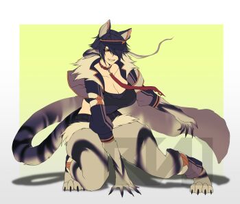 1girl animal_ears animal_hands belt black_belt black_hair black_jacket black_tube_top border breasts cero_rains cleavage collar collarbone commentary commission english_commentary fangs fingernails full_body fur-trimmed_jacket fur_trim gradient_background hair_over_one_eye highres jacket large_breasts leg_warmers long_sleeves looking_to_the_side monster_girl open_clothes open_jacket orange_eyes original outside_border red_collar shadow sharp_fingernails sharp_toenails short_hair signature slit_pupils smile solo squatting strapless tail teeth thighs tiger_ears tiger_girl tiger_paws tiger_tail toenails tube_top unfinished watermark white_border yellow_background