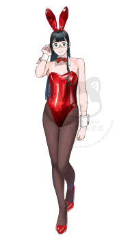 1girl absurdres animal_ear_hairband animal_ears black_hair black_pantyhose bow bowtie breasts detached_collar fake_animal_ears full_body glasses green_eyes grey_background hairband hand_on_own_hip high_heels highres kantai_collection leotard long_hair looking_at_viewer ojipon ooyodo_(kancolle) pantyhose playboy_bunny rabbit_ears red_bow red_bowtie red_leotard red_shoes see-through_strap semi-rimless_eyewear shoes simple_background small_breasts solo strapless strapless_leotard thigh_gap under-rim_eyewear wrist_cuffs