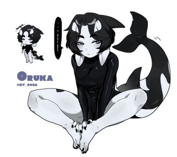 ... 1girl animal_ears barefoot cetacean_tail chibi chibi_inset colored_skin commentary english_commentary english_text fins fish_tail full_body furry grey_skin highres nail_polish ny_000a one-piece_swimsuit original short_hair simple_background swimsuit tail