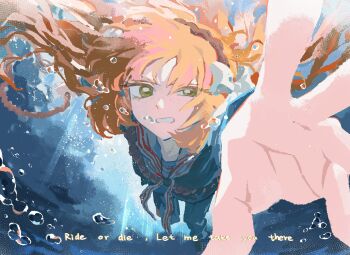 1girl black_pants black_shirt bow brown_hairband freckles fuhao full_body green_eyes hair_bow hairband highres ishmael_(project_moon) limbus_company long_hair long_sleeves looking_at_viewer neckerchief orange_hair pants project_moon reaching reaching_towards_viewer sailor_collar sailor_shirt shirt snagharpoon_(e.g.o) solo striped_neckerchief swimming underwater white_bow white_sailor_collar