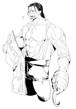 1boy abs bare_pectorals cigar collarbone collared_shirt commentary_request crocodile_(one_piece) cropped_legs greyscale hair_slicked_back high-waist_pants highres holding holding_newspaper hook hook_hand looking_to_the_side male_focus monochrome newspaper nipples nitoera_ne one_piece open_clothes open_mouth open_shirt pants pectorals scar scar_on_face shirt shirt_tucked_in sideways_glance simple_background sleeves_rolled_up solo teeth white_background