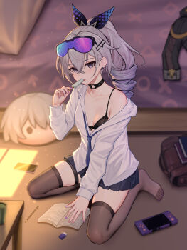 1girl absurdres black_bra black_choker black_skirt black_thighhighs blue_necktie book bra breasts choker collarbone commentary_request drill_hair eraser eyewear_on_head food full_body goggles grey_eyes grey_hair hair_between_eyes hand_up handheld_game_console highres holding holding_food holding_popsicle honkai:_star_rail honkai_(series) indoors large_variant_set long_hair long_sleeves looking_at_viewer necktie open_book parted_lips partially_unbuttoned pencil pleated_skirt popsicle purple_hair seiza shirt silver_wolf_(honkai:_star_rail) single_bare_shoulder single_off_shoulder sitting skirt small_breasts solo thigh_strap thighhighs underwear variant_set white_shirt yunkaiming