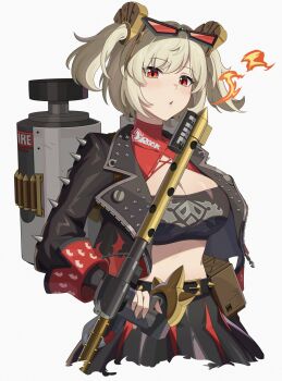 1girl belt black-framed_eyewear black_belt black_gloves black_jacket black_skirt blonde_hair breasts burnice_white cleavage commentary_request crop_top cropped_legs eyewear_on_head fingerless_gloves fire flame_print flamethrower gas_cylinder gloves hair_ornament harusame_(user_fxga4573) high-waist_skirt highres holding holding_flamethrower holding_weapon jacket long_sleeves looking_at_object looking_at_viewer multicolored_jacket open_clothes open_jacket parted_lips red-tinted_eyewear red_eyes red_jacket revision short_hair simple_background skirt smile solo strapless sunglasses tinted_eyewear tube_top twintails two-tone_jacket weapon white_background zenless_zone_zero