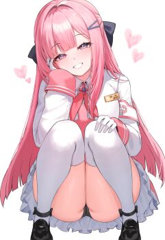 1girl absurdres armband black_panties black_shoes black_survival blush charlotte_(black_survival) clenched_teeth commentary dasi_(kwts3227) eternal_return:_black_survival gloves heart highres loafers long_hair long_sleeves looking_at_viewer panties pantyshot pink_hair purple_eyes shirt shoes simple_background skirt solo squatting teeth thighhighs underwear white_armband white_background white_gloves white_shirt white_skirt white_thighhighs