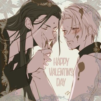 2boys artist_name bindi black_hair blonde_hair blush chocolate chocolate_on_face chocolate_on_hand closed_eyes collar dirty dirty_clothes dirty_face earrings final_fantasy final_fantasy_vii floral_print food food_on_face food_on_hand formal_clothes happy_valentine jewelry licking licking_hand long_hair looking_at_another male_focus monochrome multiple_boys necktie open_mouth ponco_pacoooon rufus_shinra short_hair square_enix suit teeth tongue tongue_out tseng turks_(ff7) turtleneck valentine wing_collar yaoi