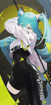 1girl absurdres black_bodysuit blue_eyes blue_hair bodysuit bodysuit_under_clothes commentary confetti cowboy_shot cropped_jacket english_commentary facing_viewer flag flagpole from_below gloves goodsmile_company goodsmile_racing hand_up hatsune_miku highres holding holding_flag holding_pole jacket knee_up looking_at_viewer official_alternate_costume pole product_placement race_queen racing_miku racing_miku_(2022) rkin single_thighhigh skin_tight solo standing standing_on_one_leg thighhighs twintails two-tone_gloves vocaloid white_jacket