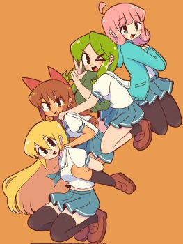 >_o 4girls ahoge black_pantyhose black_socks black_thighhighs blonde_hair blue_cardigan blue_eyes blue_neckerchief blue_skirt blunt_bangs blush bow breasts brown_eyes brown_hair brown_shoes cardigan commentary corrupted_twitter_file dark-skinned_female dark_skin double-parted_bangs english_commentary fang green_eyes green_hair hair_between_eyes hair_bow highres hood hood_down hooded_cardigan large_breasts loafers looking_at_viewer medium_breasts multiple_girls neckerchief one_eye_closed open_mouth orange_background original pantyhose pink_hair pleated_skirt red_bow school_uniform shoes short_hair short_sleeves sidelocks simple_background skirt smile socks sofo_soup thighhighs v