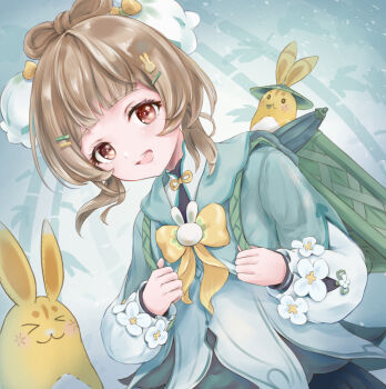 Rule 34 | 1girl, aqua background, aqua dress, basket, blunt bangs, bow-shaped hair, brown eyes, brown hair, commentary request, dress, genshin impact, hair ornament, hairclip, highres, kototomari, long sleeves, looking at viewer, open mouth, parallel hairclips, rabbit, short hair, smile, solo, upper body, yaoyao (genshin impact)